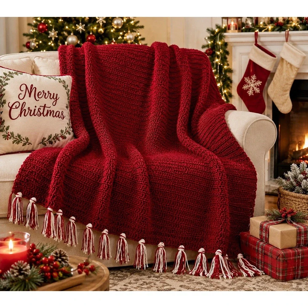 Handmade Crochet Afghan Throw Blanket Red White Fringe 48x56 Christmas Rustic